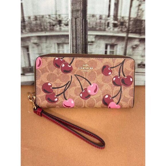 Coach CZ328 Long Zip Around Wallet In Signature Canvas With Cherry Print - Picture 1 of 5